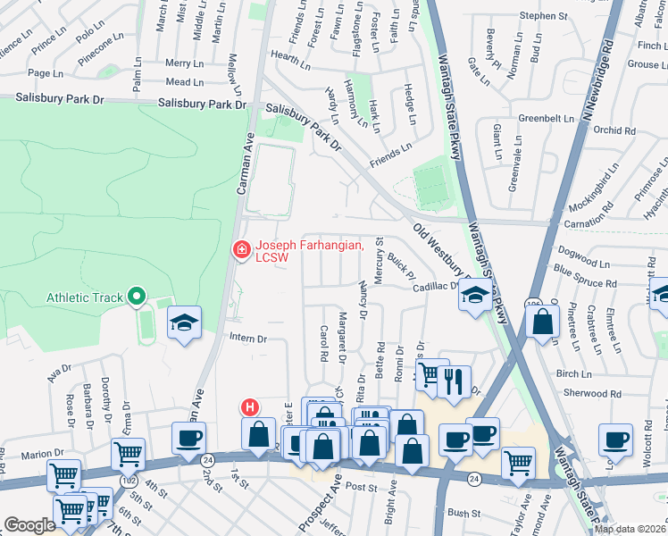 map of restaurants, bars, coffee shops, grocery stores, and more near 259 Desoto Place in East Meadow