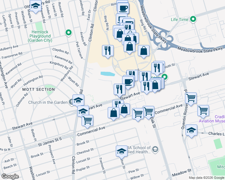 map of restaurants, bars, coffee shops, grocery stores, and more near 4 Raymond Court in Garden City