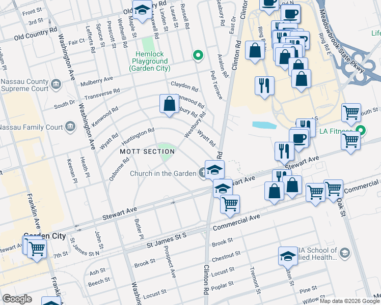 map of restaurants, bars, coffee shops, grocery stores, and more near 94 Huntington Road in Garden City