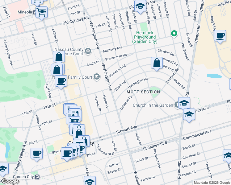 map of restaurants, bars, coffee shops, grocery stores, and more near 12 Wyatt Road in Garden City