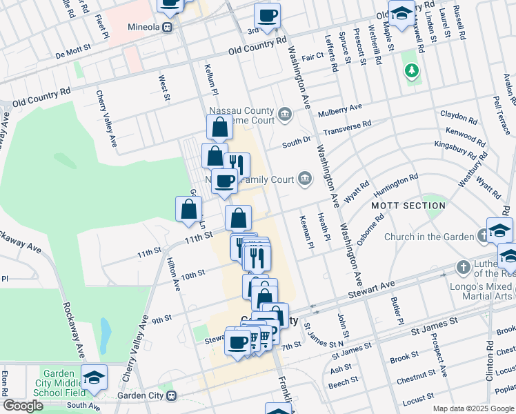 map of restaurants, bars, coffee shops, grocery stores, and more near 1225 Franklin Ave in Garden City