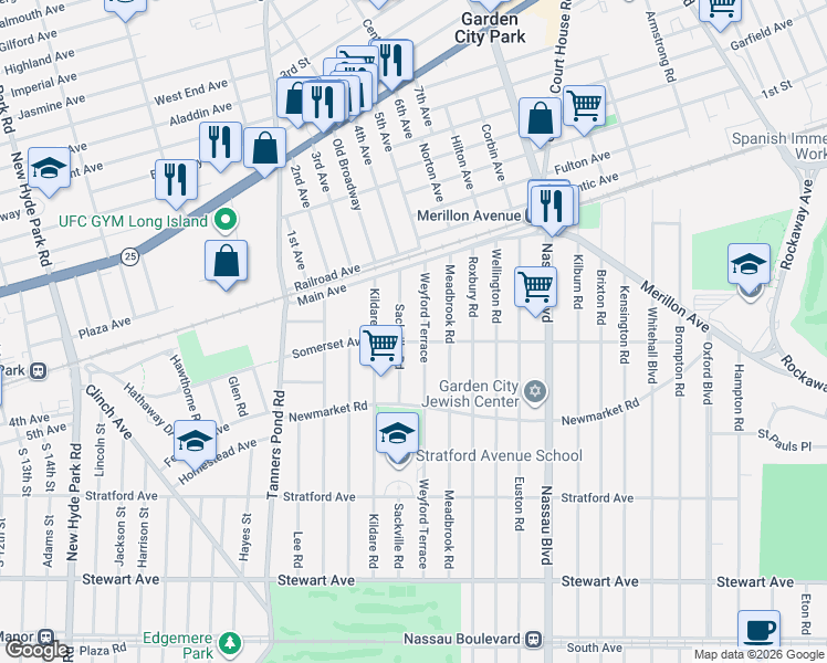 map of restaurants, bars, coffee shops, grocery stores, and more near 195 Sackville Road in Garden City