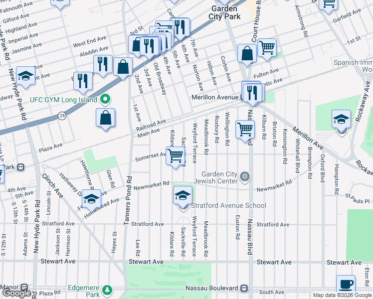 map of restaurants, bars, coffee shops, grocery stores, and more near 195 Sackville Road in Garden City