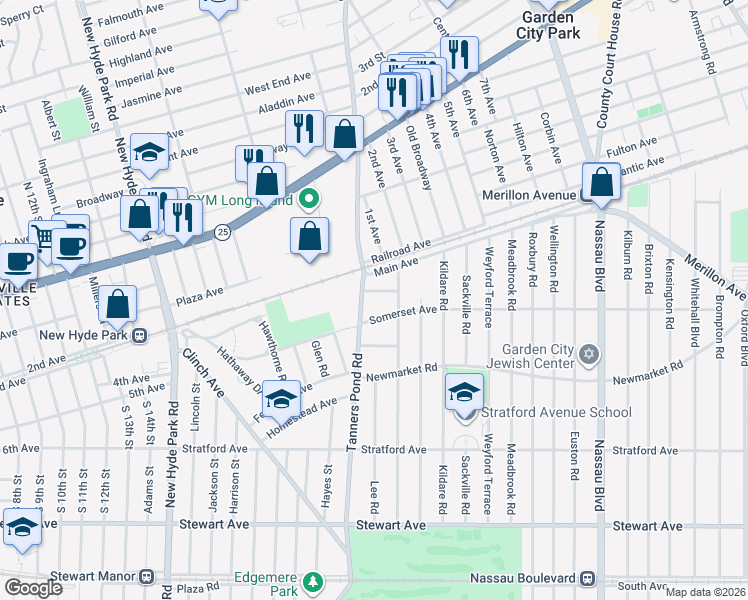 map of restaurants, bars, coffee shops, grocery stores, and more near 187 Tanners Pond Road in Garden City