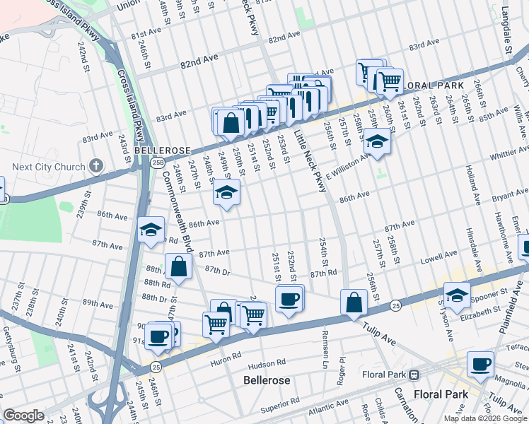 map of restaurants, bars, coffee shops, grocery stores, and more near 85-31 250th Street in Queens