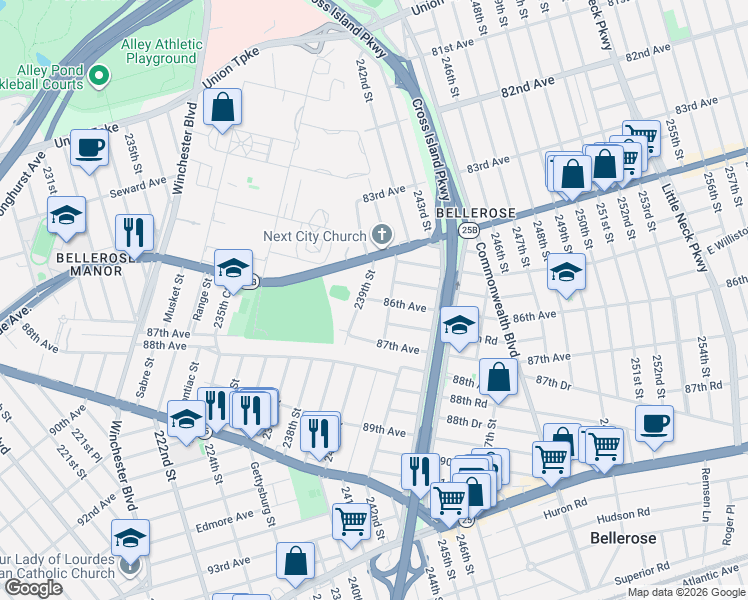 map of restaurants, bars, coffee shops, grocery stores, and more near 85-34 239th Street in Queens