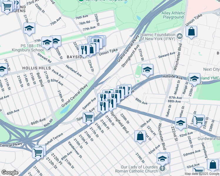map of restaurants, bars, coffee shops, grocery stores, and more near 221-79 Manor Road in Queens
