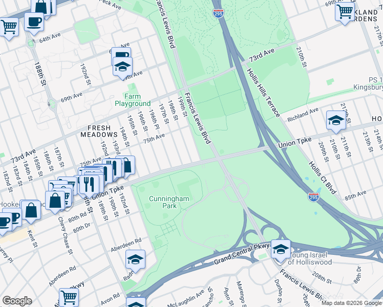 map of restaurants, bars, coffee shops, grocery stores, and more near 75-38 198th Street in Queens