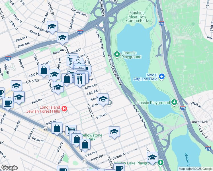 map of restaurants, bars, coffee shops, grocery stores, and more near 110-36 65th Avenue in Queens