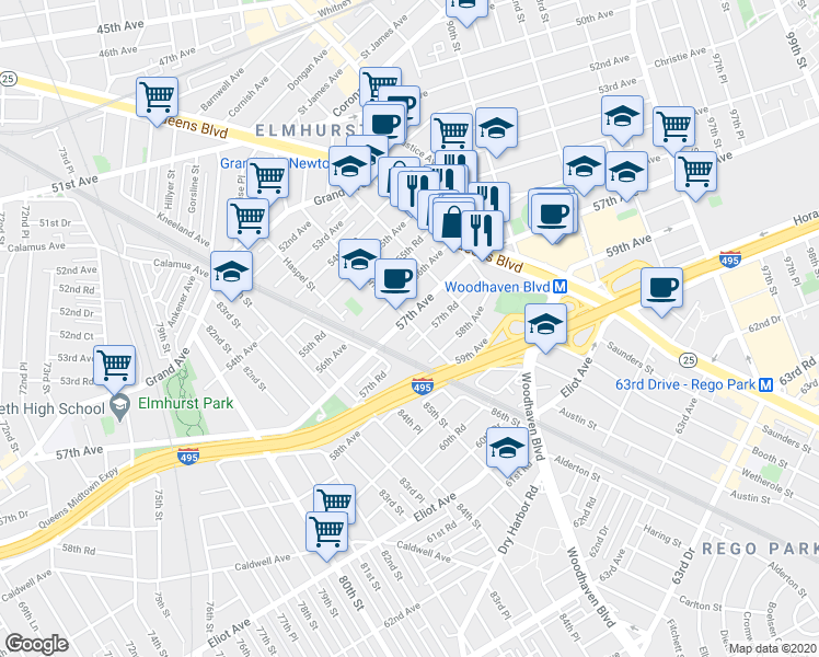 map of restaurants, bars, coffee shops, grocery stores, and more near in Queens