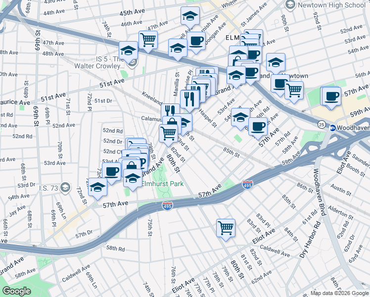 map of restaurants, bars, coffee shops, grocery stores, and more near 52-48 84th Street in Queens