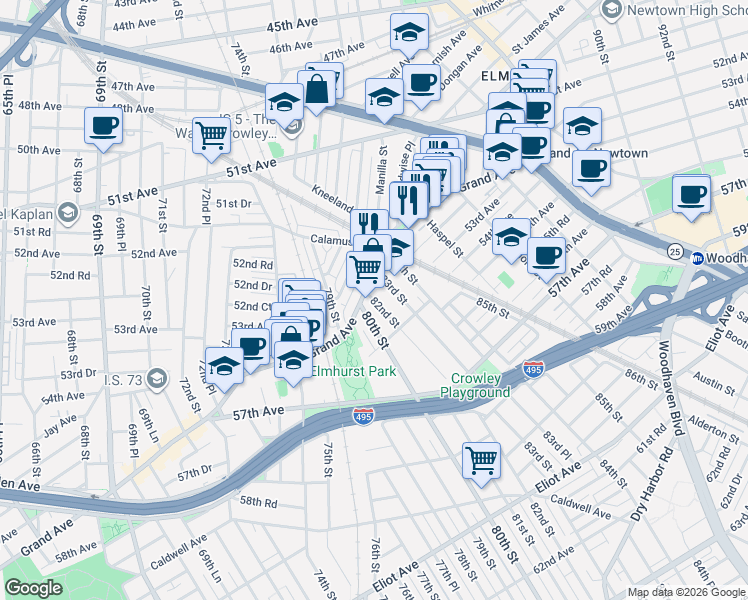 map of restaurants, bars, coffee shops, grocery stores, and more near 82-16 Grand Avenue in Queens