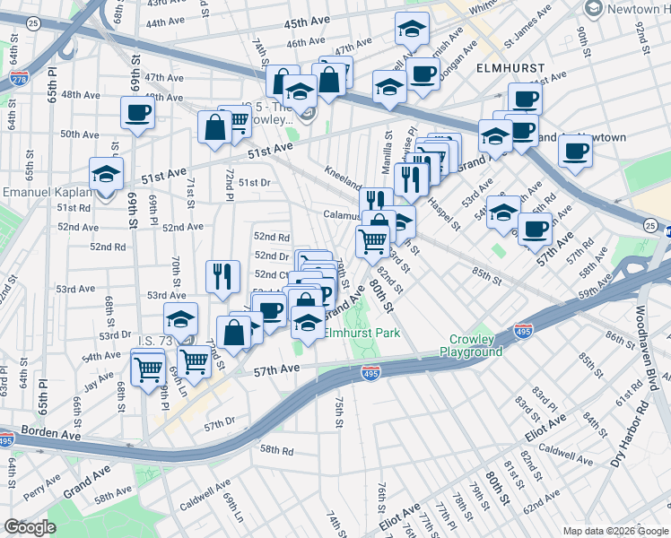 map of restaurants, bars, coffee shops, grocery stores, and more near 52-54 79th Street in Queens
