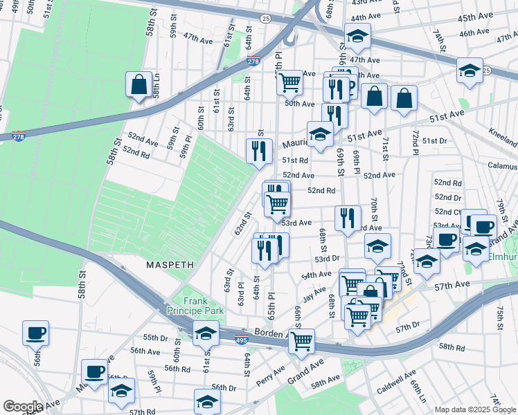 map of restaurants, bars, coffee shops, grocery stores, and more near 52-30 65th Place in Queens