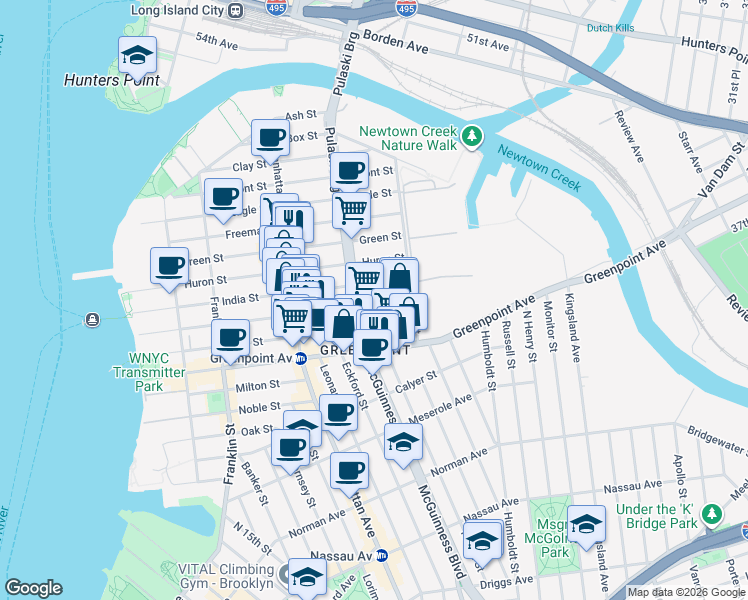 map of restaurants, bars, coffee shops, grocery stores, and more near 210 India Street in Brooklyn