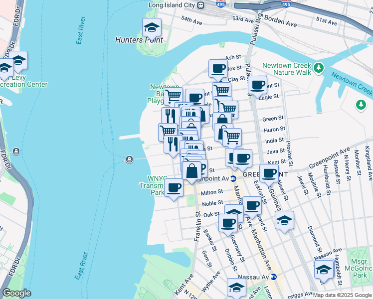 map of restaurants, bars, coffee shops, grocery stores, and more near 66 Huron Street in Brooklyn