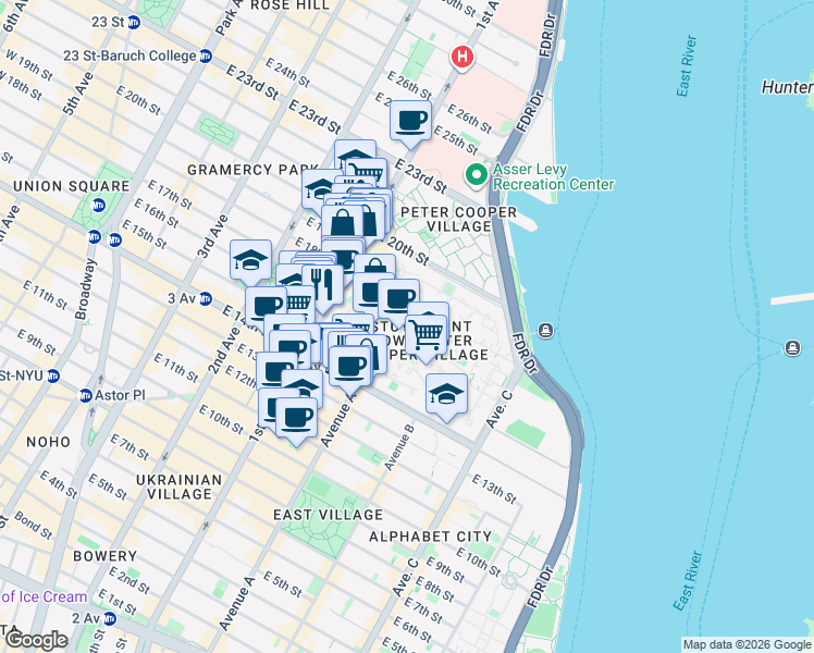 map of restaurants, bars, coffee shops, grocery stores, and more near 17 Stuyvesant Oval in New York