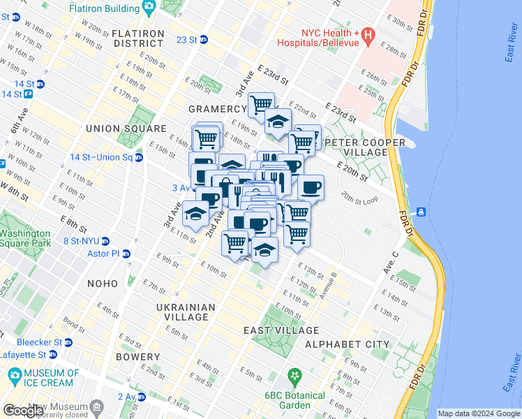 map of restaurants, bars, coffee shops, grocery stores, and more near 334 East 15th Street in New York