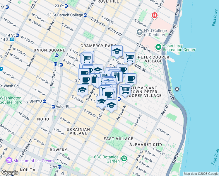 map of restaurants, bars, coffee shops, grocery stores, and more near 334 East 15th Street in New York