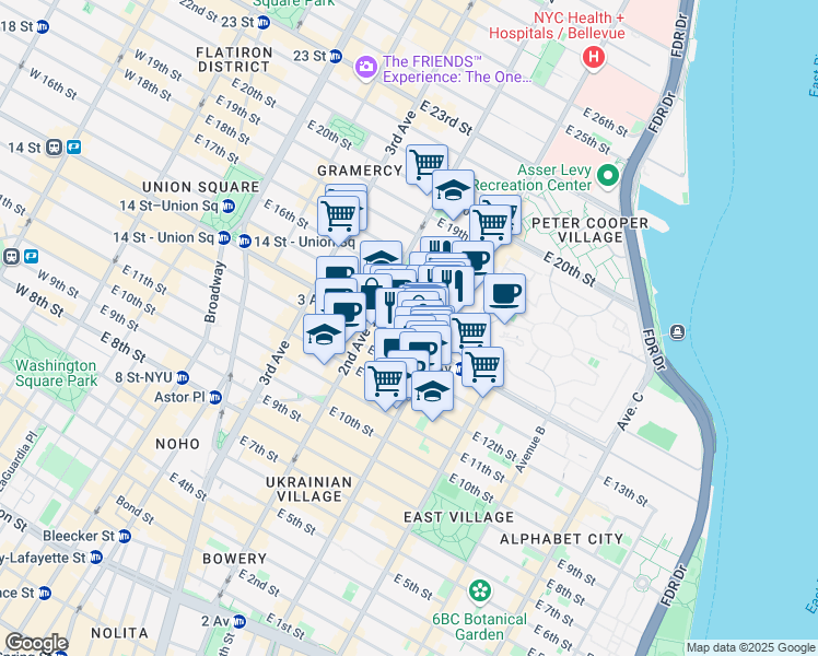 map of restaurants, bars, coffee shops, grocery stores, and more near 334 East 15th Street in New York
