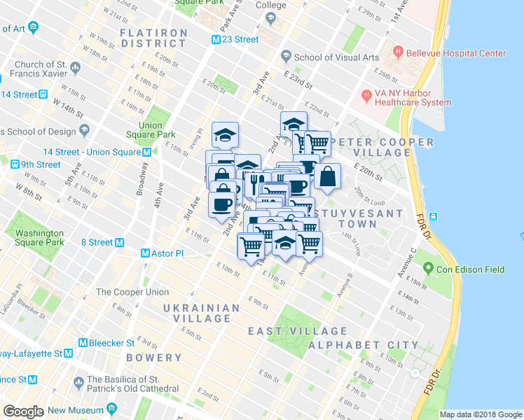 map of restaurants, bars, coffee shops, grocery stores, and more near 334 East 15th Street in New York