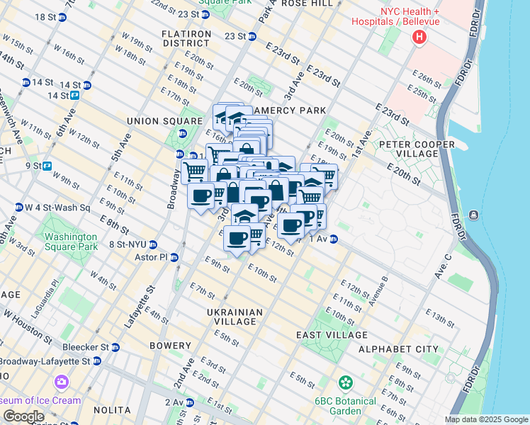 map of restaurants, bars, coffee shops, grocery stores, and more near 230 East 14th Street in New York