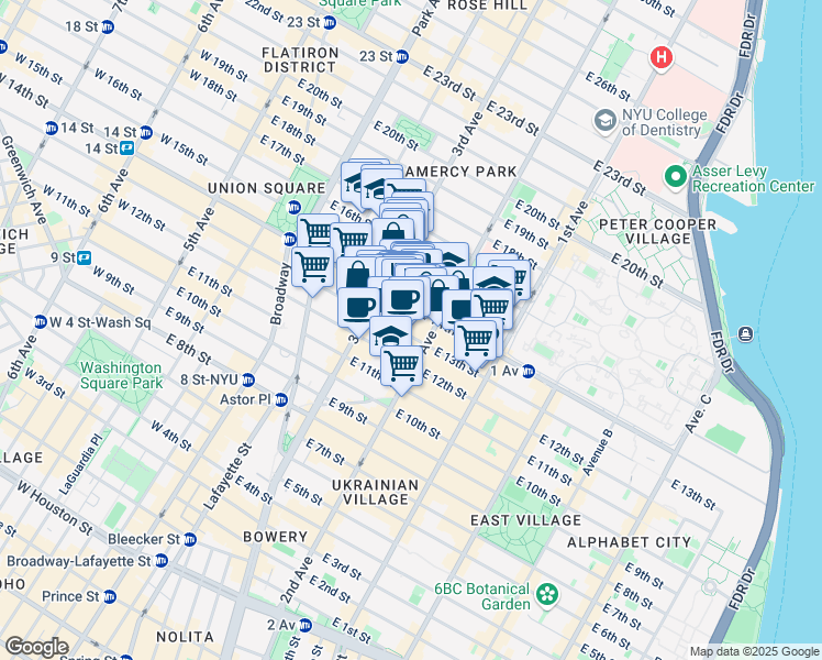 map of restaurants, bars, coffee shops, grocery stores, and more near 230 East 14th Street in New York