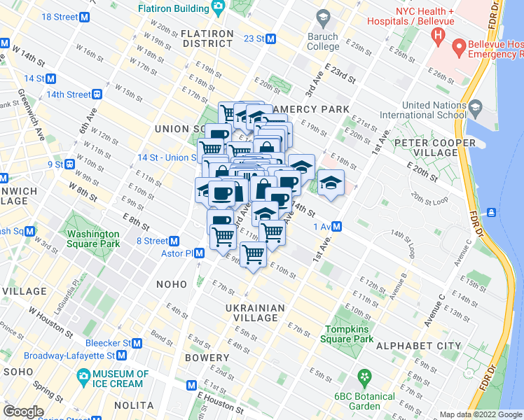 map of restaurants, bars, coffee shops, grocery stores, and more near in New York