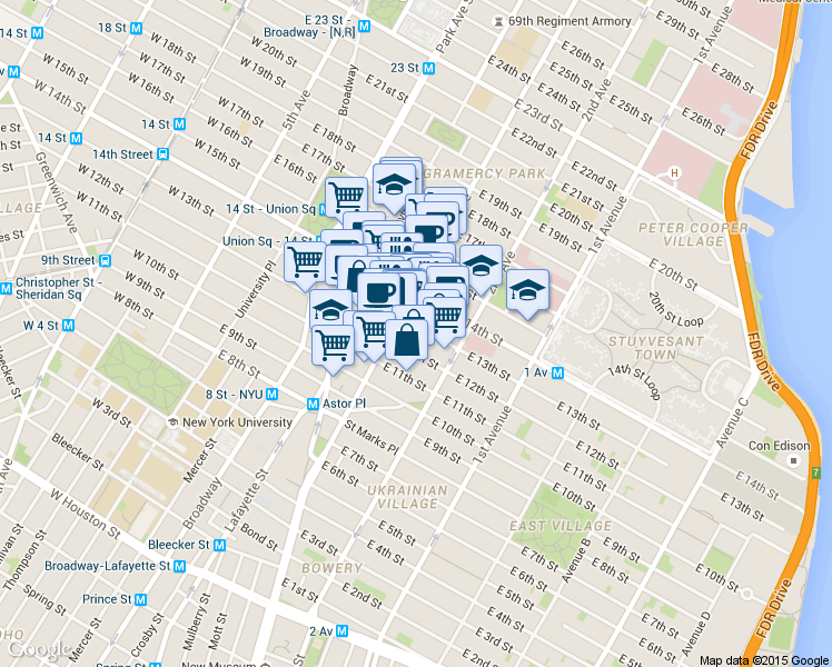 map of restaurants, bars, coffee shops, grocery stores, and more near in New York