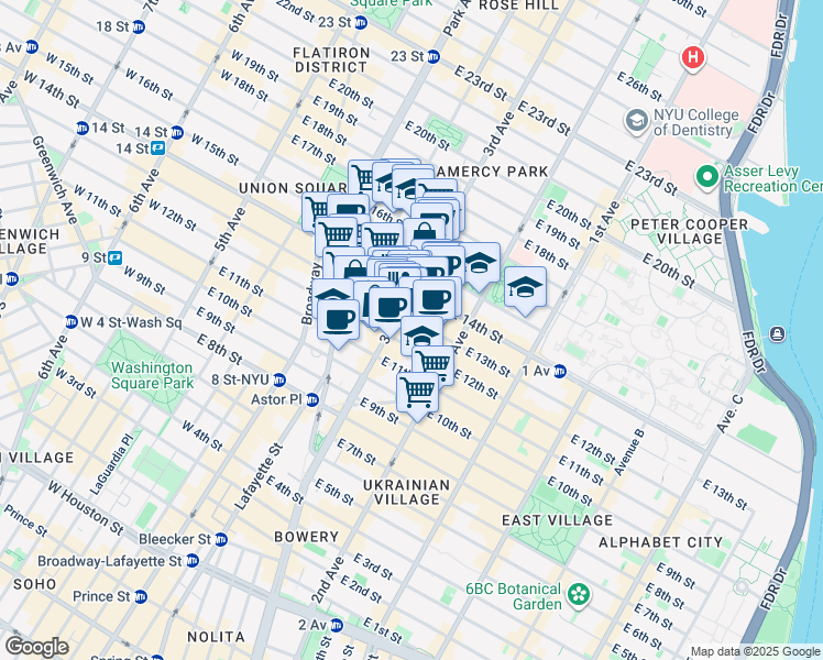 map of restaurants, bars, coffee shops, grocery stores, and more near in New York