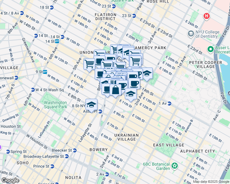 map of restaurants, bars, coffee shops, grocery stores, and more near 126-128 East 13th Street in New York