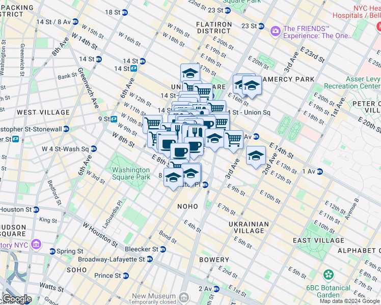 map of restaurants, bars, coffee shops, grocery stores, and more near 76 East 11th Street in New York