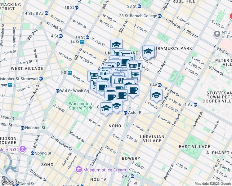 map of restaurants, bars, coffee shops, grocery stores, and more near 76 East 11th Street in New York