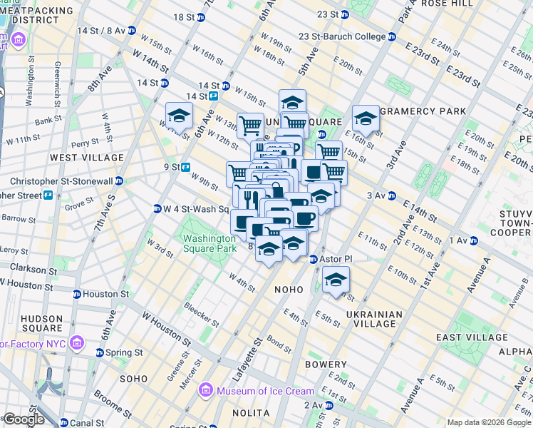 map of restaurants, bars, coffee shops, grocery stores, and more near 21 East 10th Street in New York