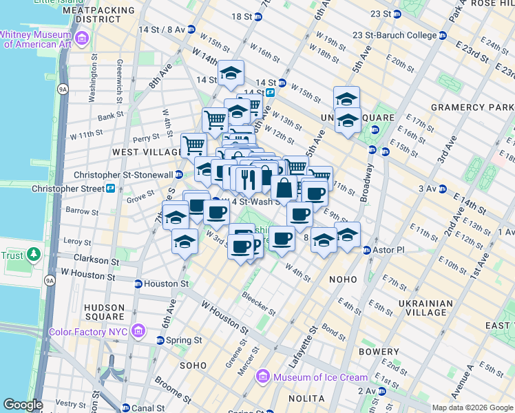 map of restaurants, bars, coffee shops, grocery stores, and more near 218 MacDougal Street in New York