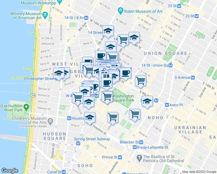 map of restaurants, bars, coffee shops, grocery stores, and more near 340 6th Avenue in New York