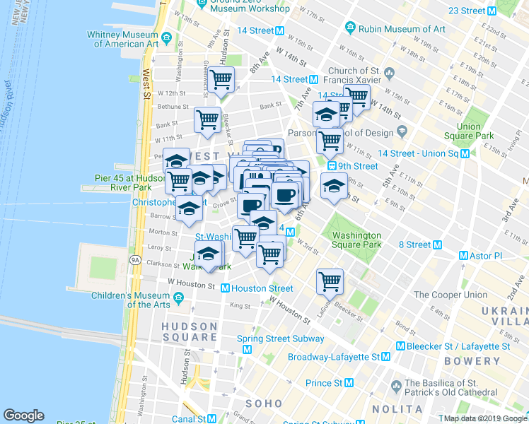 map of restaurants, bars, coffee shops, grocery stores, and more near in New York