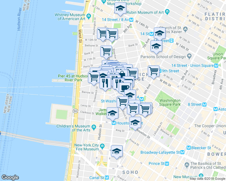 map of restaurants, bars, coffee shops, grocery stores, and more near in New York