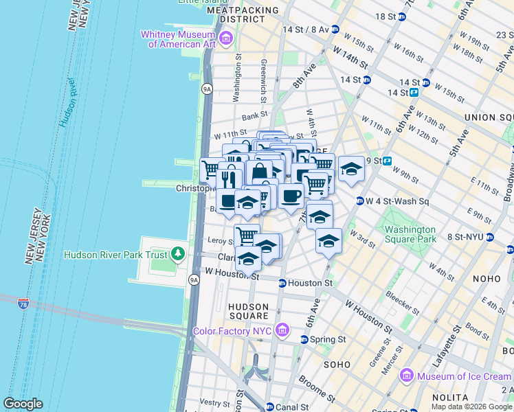 map of restaurants, bars, coffee shops, grocery stores, and more near 487 Hudson Street in New York