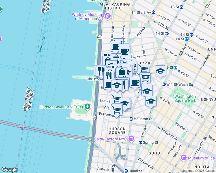 map of restaurants, bars, coffee shops, grocery stores, and more near in New York