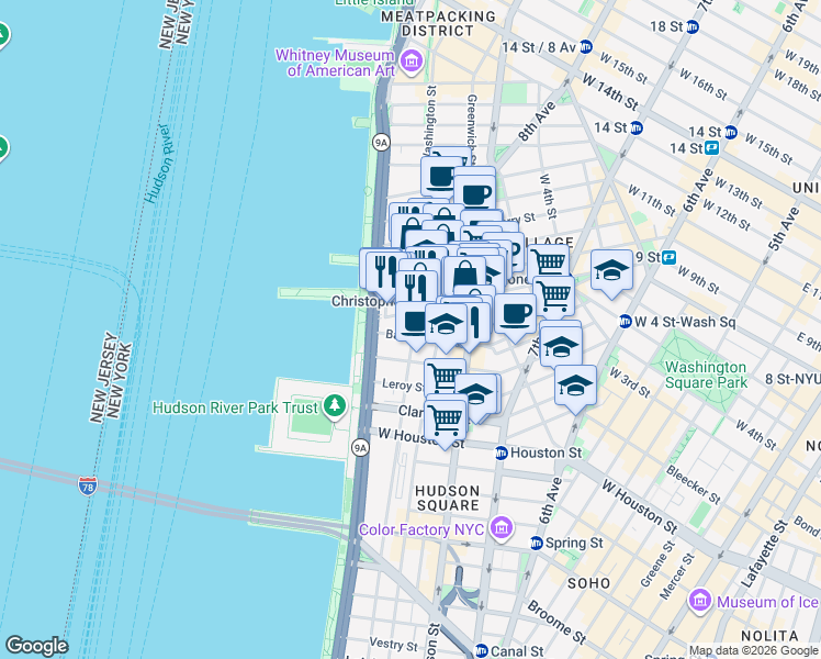 map of restaurants, bars, coffee shops, grocery stores, and more near in New York