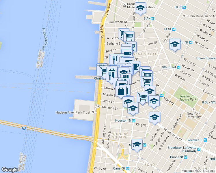 map of restaurants, bars, coffee shops, grocery stores, and more near 160 Christopher Street in New York