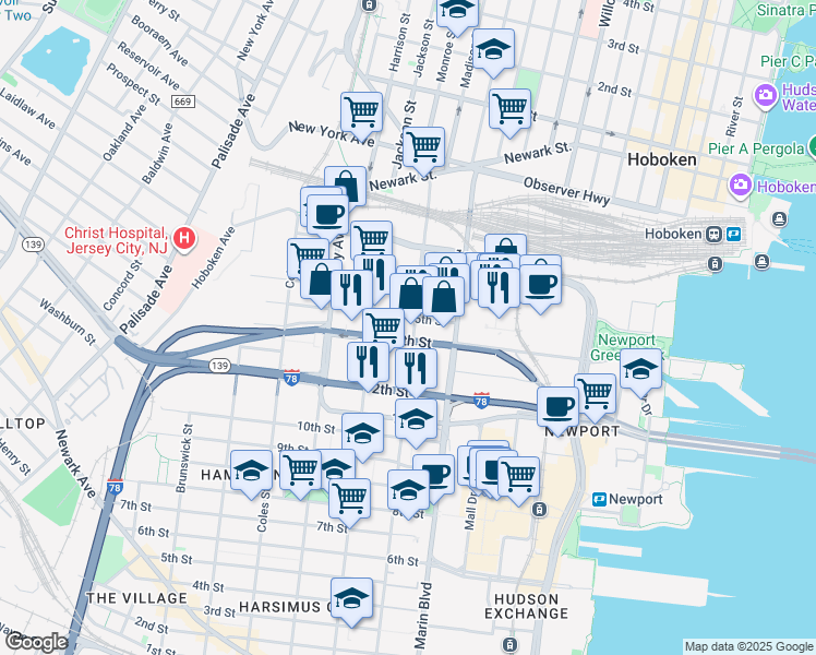 map of restaurants, bars, coffee shops, grocery stores, and more near 209 16th Street in Jersey City