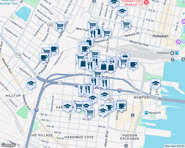 map of restaurants, bars, coffee shops, grocery stores, and more near 264 Erie Street in Jersey City