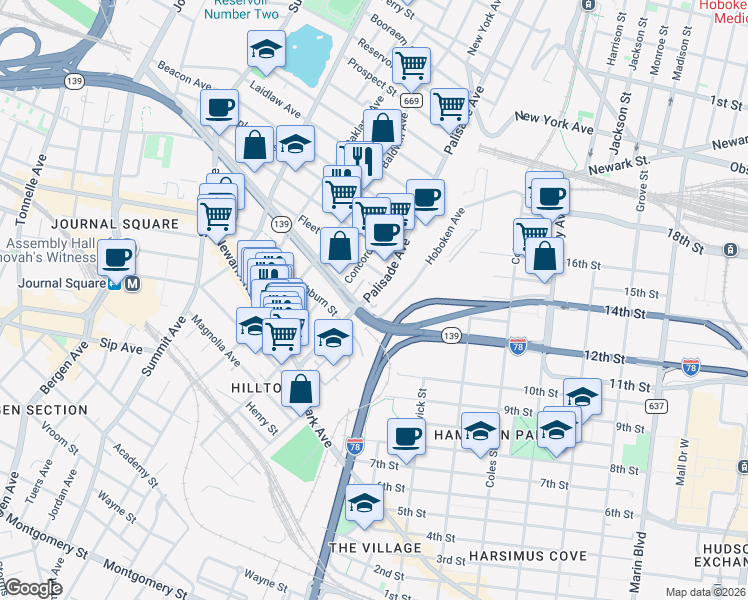 map of restaurants, bars, coffee shops, grocery stores, and more near 91 Palisade Avenue in Jersey City