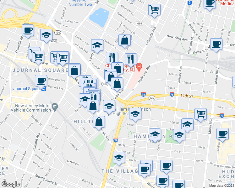 map of restaurants, bars, coffee shops, grocery stores, and more near 91 Palisade Avenue in Jersey City