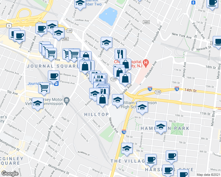 map of restaurants, bars, coffee shops, grocery stores, and more near 46 Washburn Street in Jersey City