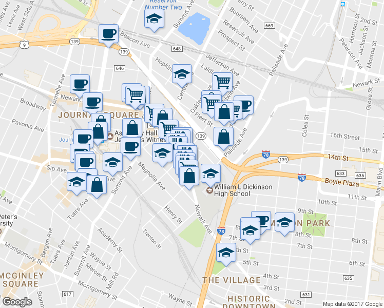 map of restaurants, bars, coffee shops, grocery stores, and more near 46 Washburn Street in Jersey City