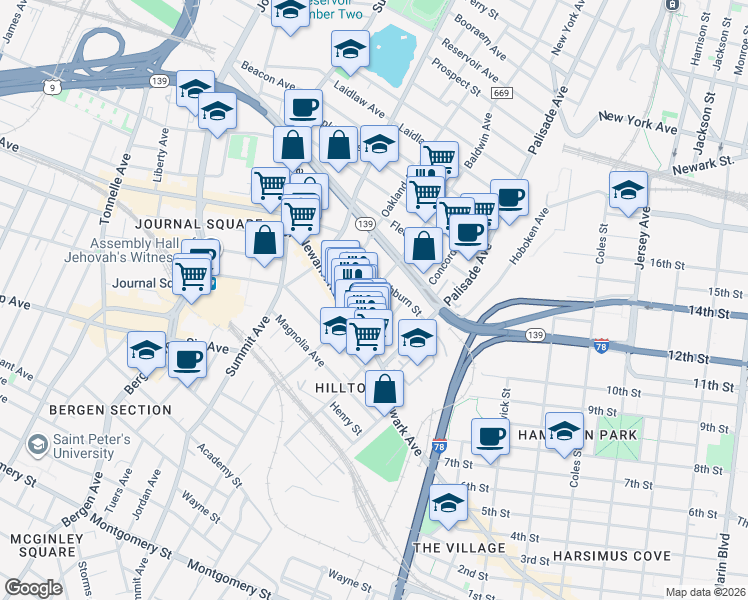 map of restaurants, bars, coffee shops, grocery stores, and more near 46 Washburn Street in Jersey City