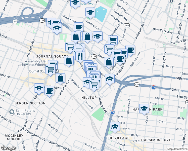 map of restaurants, bars, coffee shops, grocery stores, and more near 84 Court House Place in Jersey City